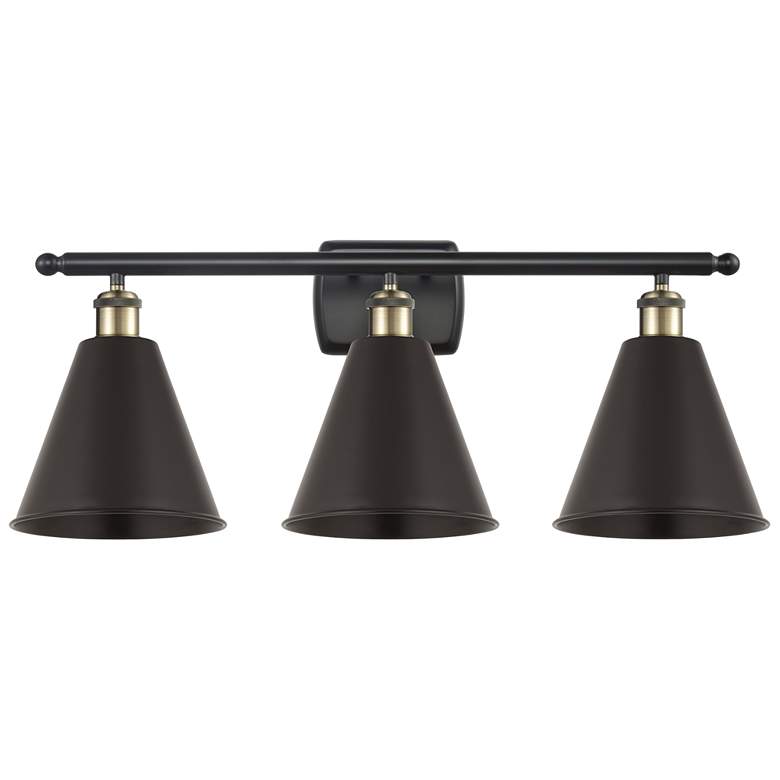 Image 1 Ballston Cone 28 inchW 3 Light Black Antique Brass Bath Light With Black S