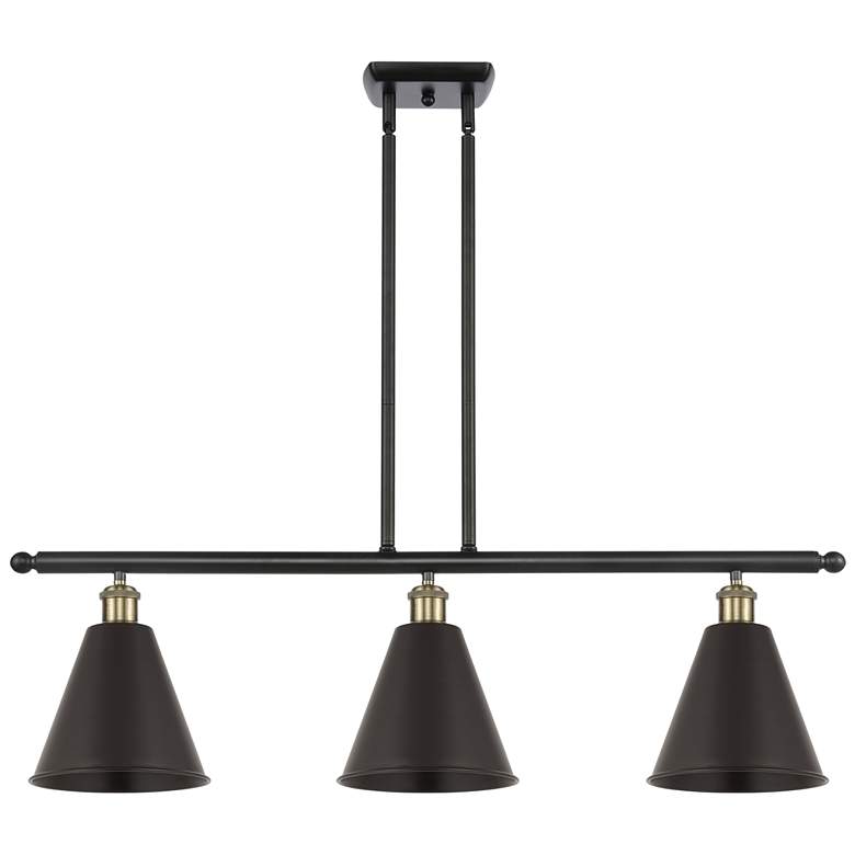 Image 1 Ballston Cone 36"W 3 Light Black Brass Stem Island Light w/ Black Shad