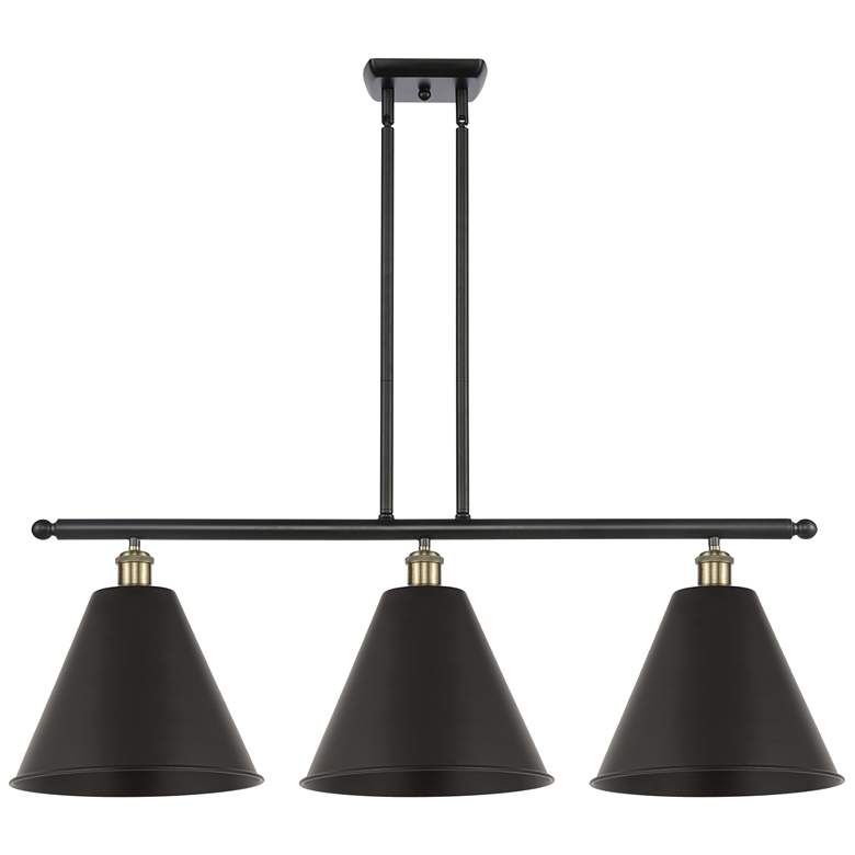 Image 1 Ballston Cone 38.5"W 3 Light Black Brass Stem Island Light w/ Black Sh