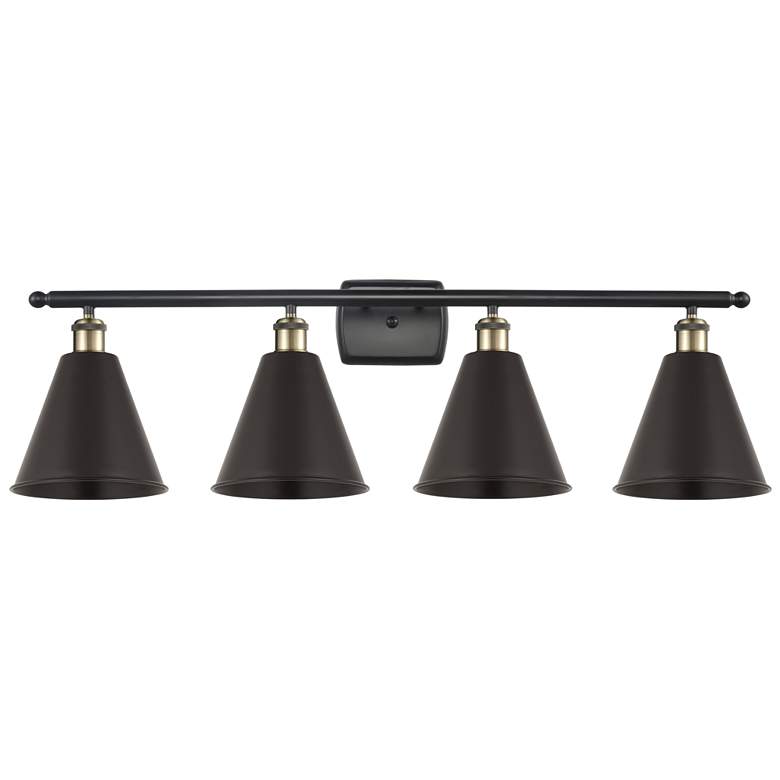 Image 1 Ballston Cone 38"W 4 Light Black Antique Brass Bath Light With Black S