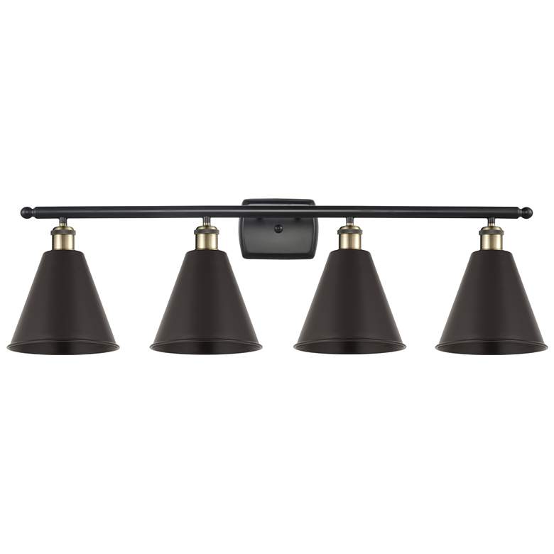 Image 1 Ballston Cone 38 inchW 4 Light Black Antique Brass Bath Light With Black S