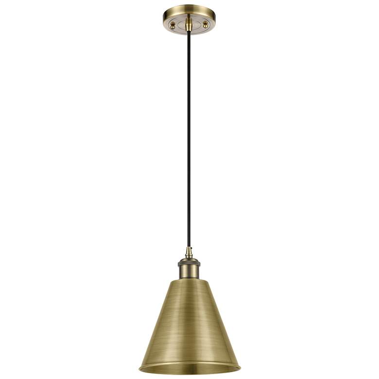 Image 1 Ballston Cone 8"W Antique Brass Corded LED Mini Pendant w/ 8" Sha