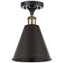 Ballston Cone 8"W Black Antique Brass Semi.Flush Mount With Black Shad