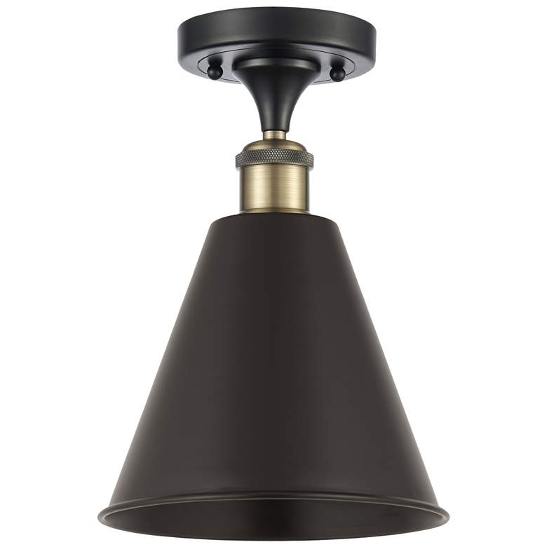 Image 1 Ballston Cone 8"W Black Brass LED Semi.Flush Mount With Black Shade