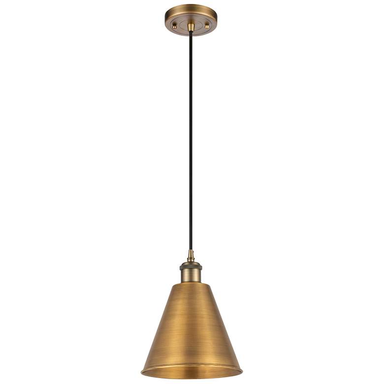Image 1 Ballston Cone 8"W Brushed Brass Corded Mini Pendant w/ 8" Shade B