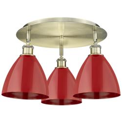 Ballston Dome 19.25" Wide 3 Light Antique Brass Flush Mount With Red S