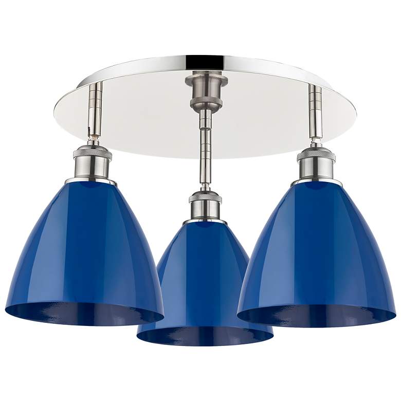 Image 1 Ballston Dome 19.25"W 3 Light Polished Nickel Flush Mount w/ Blue Shad