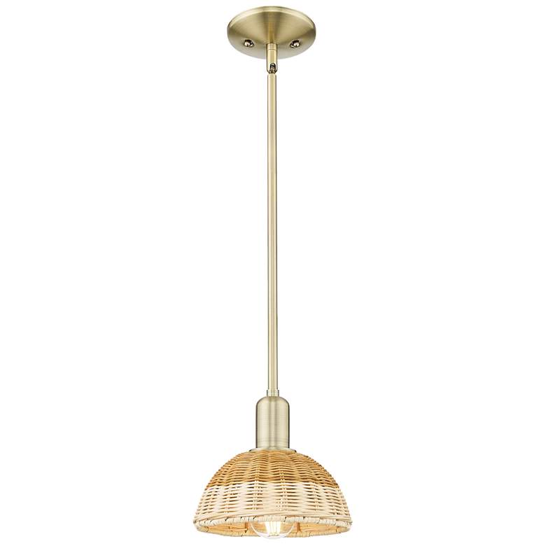 Image 1 Ballston Dome 8"W Antique Brass Stem Mini Pendant w/ Basketweave Shade