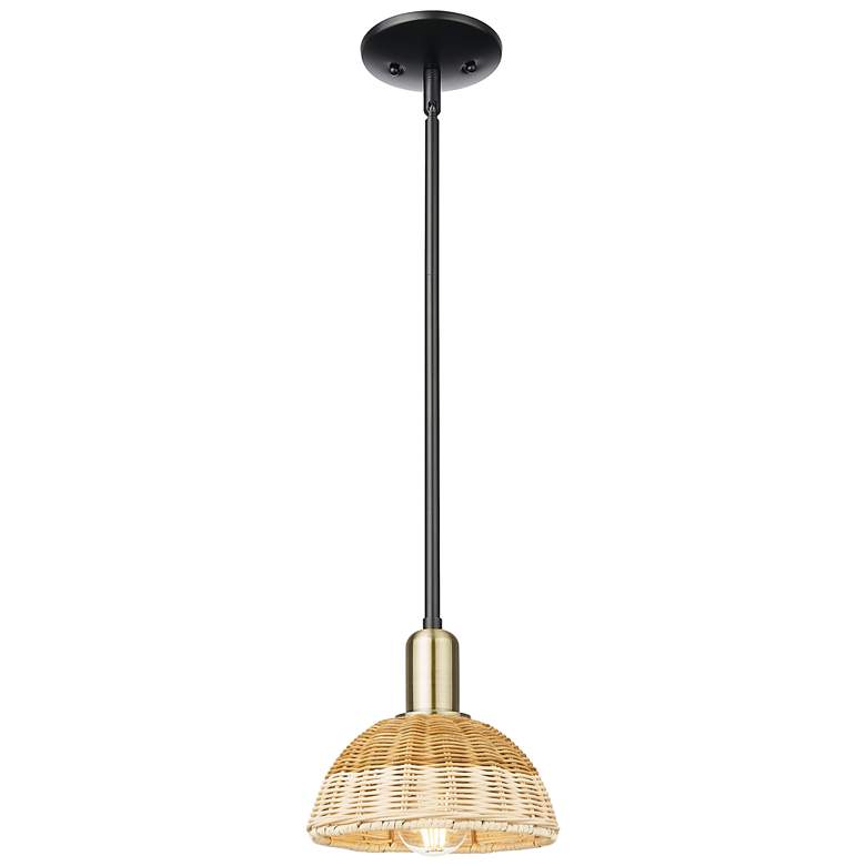 Image 1 Ballston Dome 8"W Black Brass Stem Mini Pendant w/ Basketweave Shade