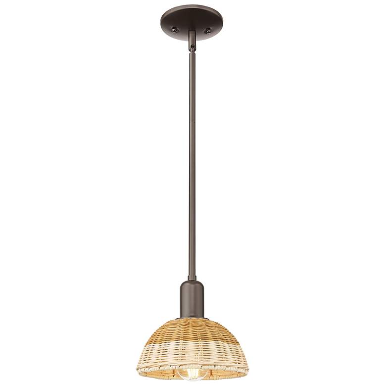 Image 1 Ballston Dome 8"W Oil Rubbed Bronze Stem Mini Pendant w/ Basketweave Shade