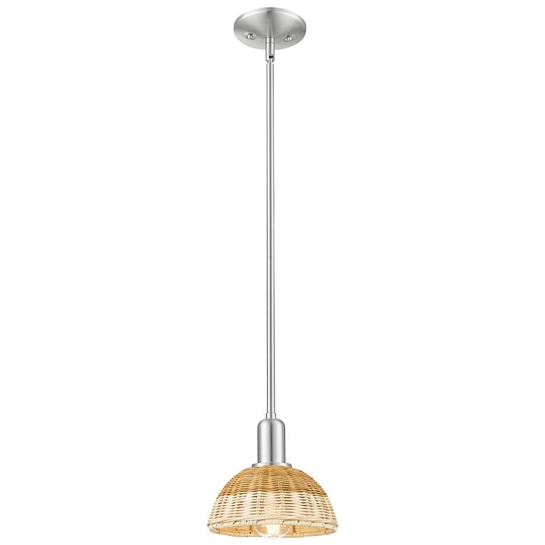 Image 1 Ballston Dome 8"W Satin Nickel Stem Mini Pendant w/ Basketweave Shade
