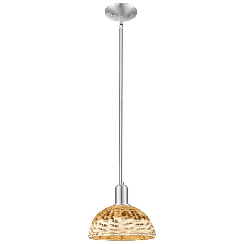Image 1 Ballston Dome 9"W Satin Nickel Stem Mini Pendant w/ Basketweave Shade