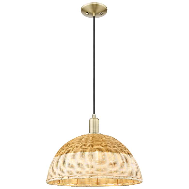 Image 1 Ballston Dome Wide Antique Brass Cord Mini Pendant w/ 16" Basketweave Shade