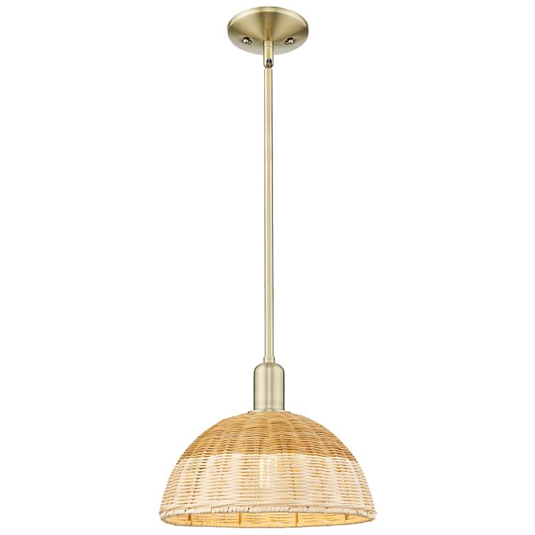 Image 1 Ballston Dome Wide Antique Brass Stem Mini Pendant w/ 12" Basketweave Shade