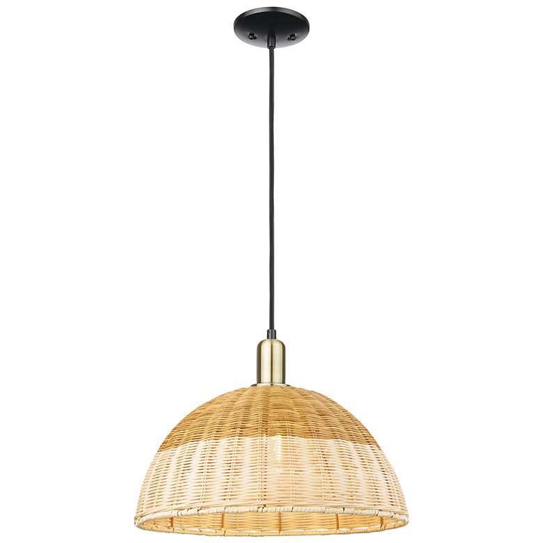 Image 1 Ballston Dome Wide Black Brass Cord Mini Pendant w/ 16" Basketweave Shade