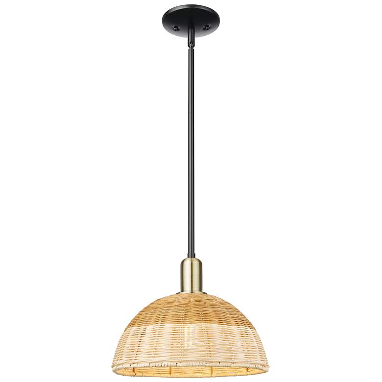 Image 1 Ballston Dome Wide Black Brass Stem Mini Pendant w/ 12" Basketweave Shade