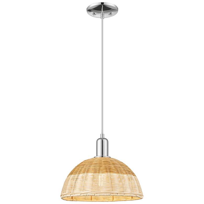 Image 1 Ballston Dome Wide Chrome Cord Mini Pendant w/ 12" Basketweave Shade