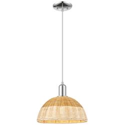 Ballston Dome Wide Chrome Cord Mini Pendant w/ 12" Basketweave Shade