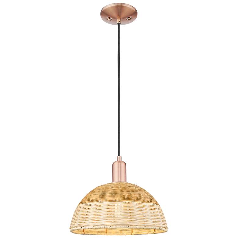 Image 1 Ballston Dome Wide Copper Cord Mini Pendant w/ 12" Basketweave Shade