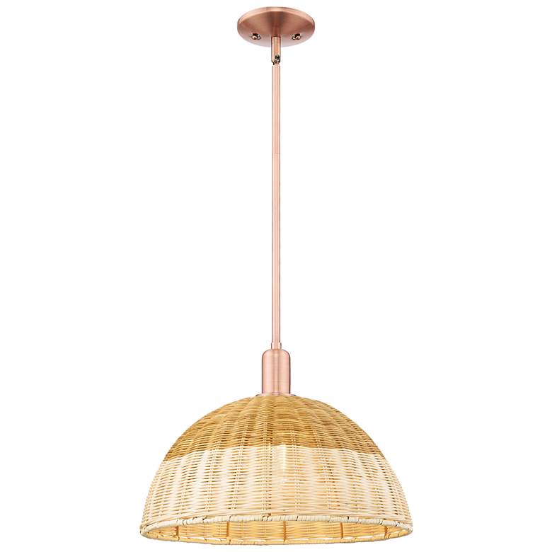 Image 1 Ballston Dome Wide Copper Stem Mini Pendant w/ 16" Basketweave Shade