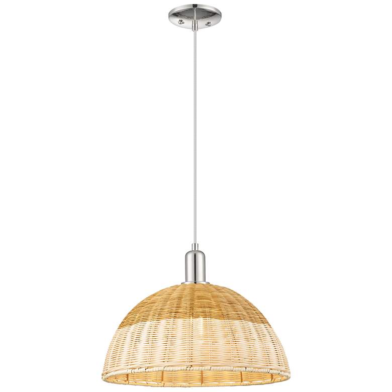 Image 1 Ballston Dome Wide Nickel Cord Mini Pendant w/ 16" Basketweave Shade
