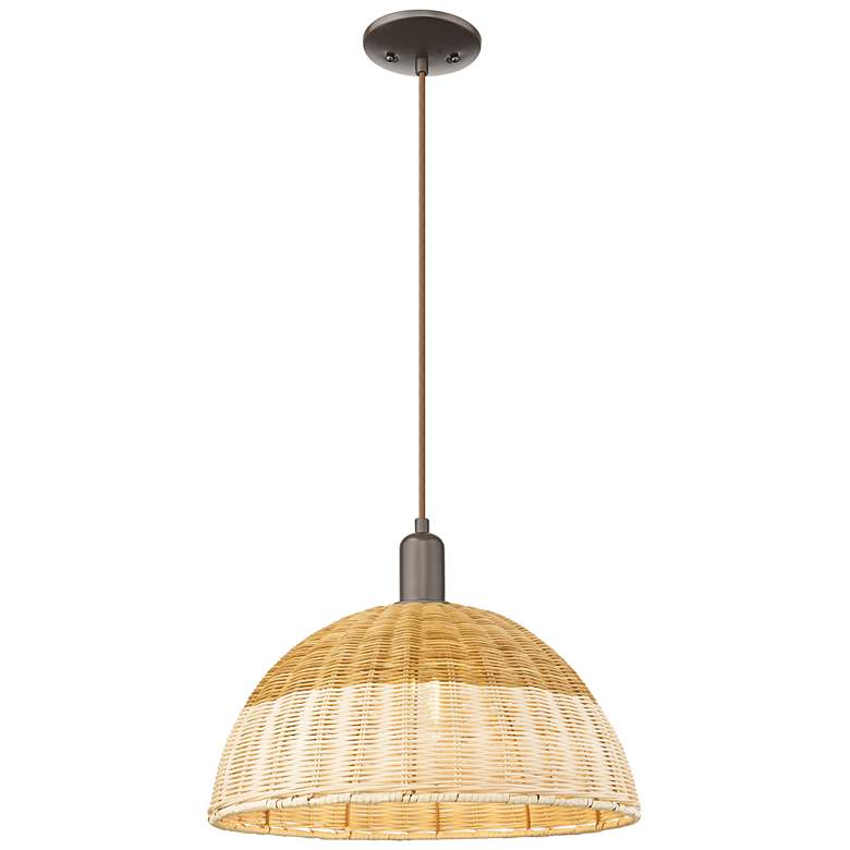 Image 1 Ballston Dome Wide Oiled Bronze Cord Mini Pendant w/ 16" Basketweave Shade