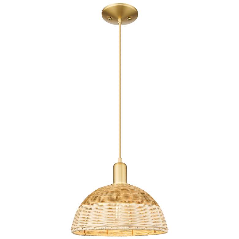 Image 1 Ballston Dome Wide Satin Gold Cord Mini Pendant w/ 12" Basketweave Shade