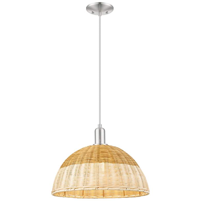 Image 1 Ballston Dome Wide Satin Nickel Cord Mini Pendant w/ 16" Basketweave Shade