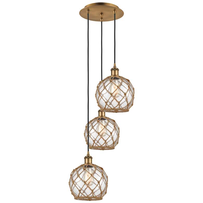 Image 1 Ballston Farmhouse 15"W 3-Lt Brush Brass Cord Pendant w/ Clear Brown Shade