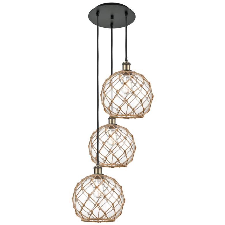 Image 1 Ballston Farmhouse 17"W 3-Lt Black Brass Cord Pendant w/ Clear Brown Shade