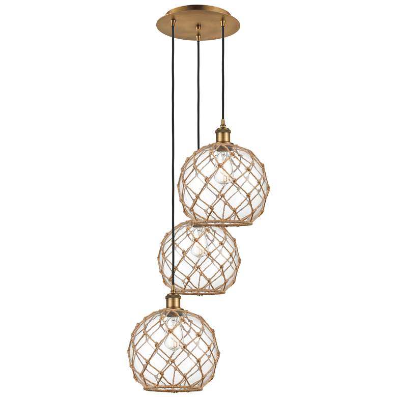 Image 1 Ballston Farmhouse 17"W 3-Lt Brush Brass Cord Pendant w/ Clear Brown Shade