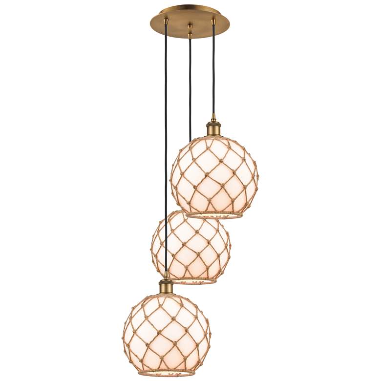 Image 1 Ballston Farmhouse 17"W 3-Lt Brush Brass Cord Pendant w/ White Brown Shade
