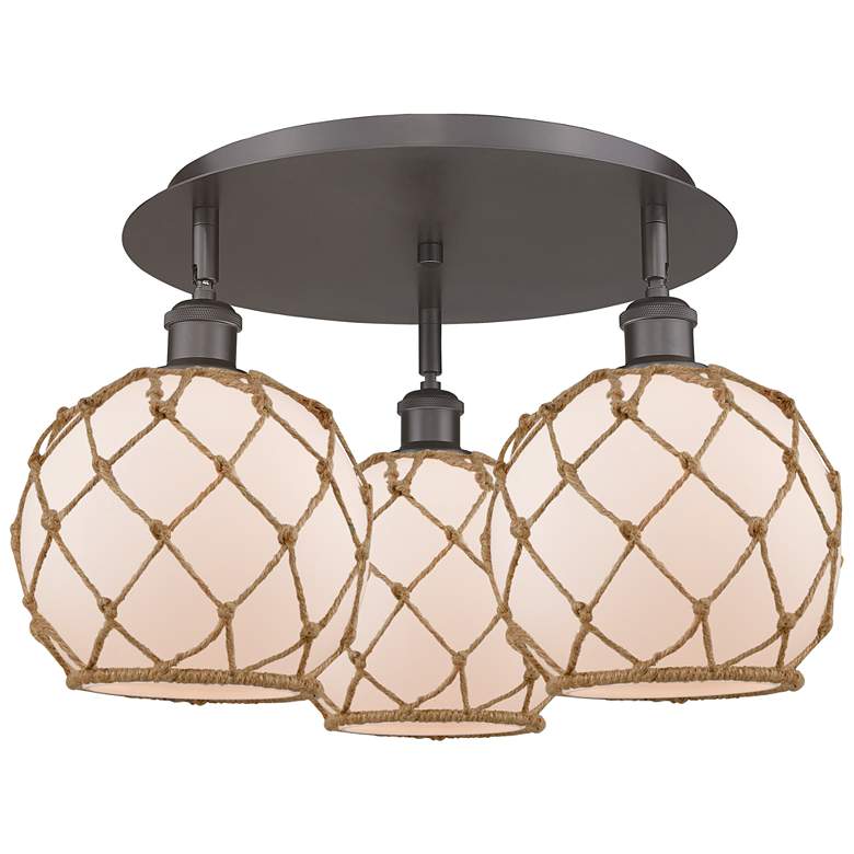 Image 1 Ballston Farmhouse 20"W 3-Lt Oiled Bronze Flush Mount w/ White Brown Shade