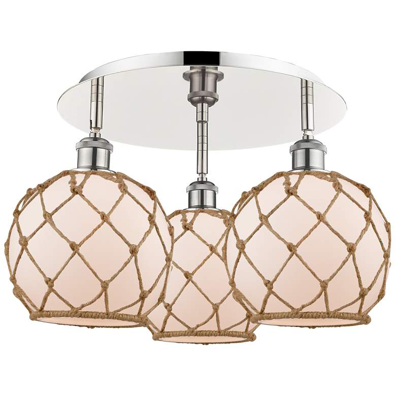 Image 1 Ballston Farmhouse 20"W 3-Lt Polish Nickel Flush Mount w/ White Brown Shade
