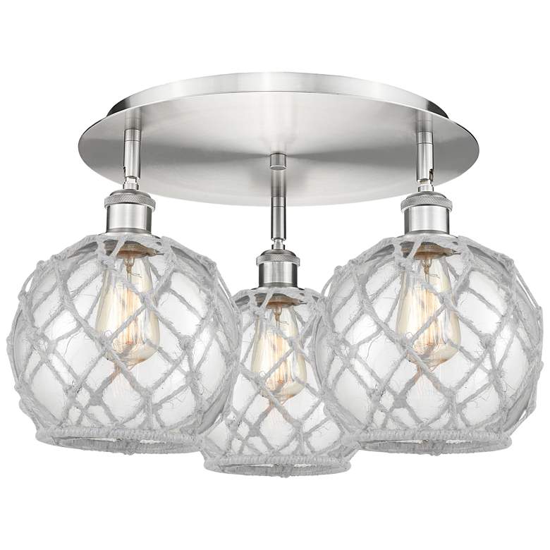 Image 1 Ballston Farmhouse 20"W 3-Lt Satin Nickel Flush Mount w/ Clear White Shade