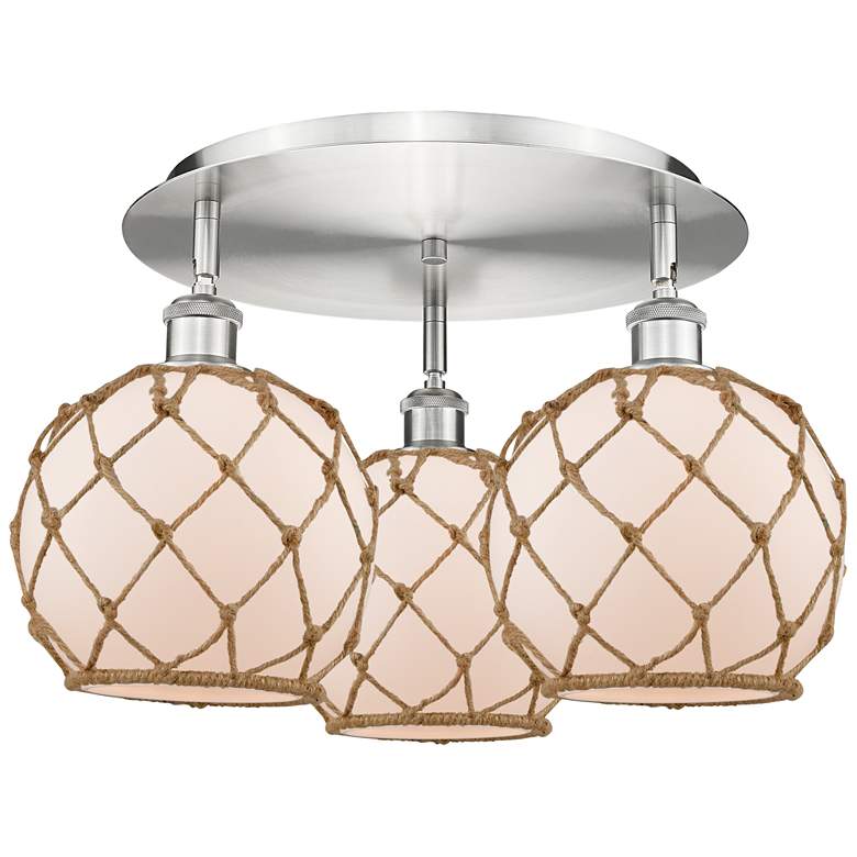 Image 1 Ballston Farmhouse 20"W 3-Lt Satin Nickel Flush Mount w/ White Brown Shade