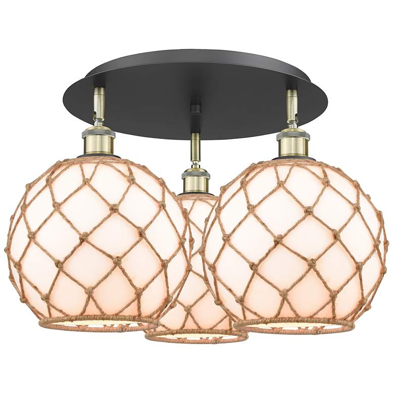 Image 1 Ballston Farmhouse 22"W 3-Lt Black Brass Flush Mount w/ White Brown Shade