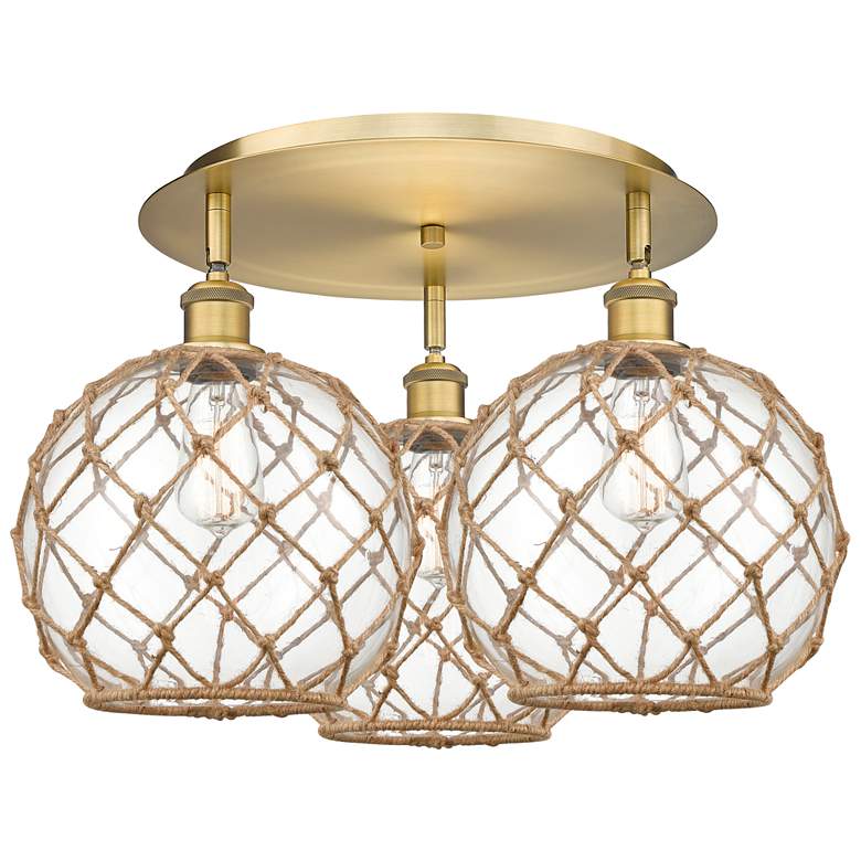 Image 1 Ballston Farmhouse 22"W 3-Lt Brushed Brass Flush Mount w/ Clear Brown Shade