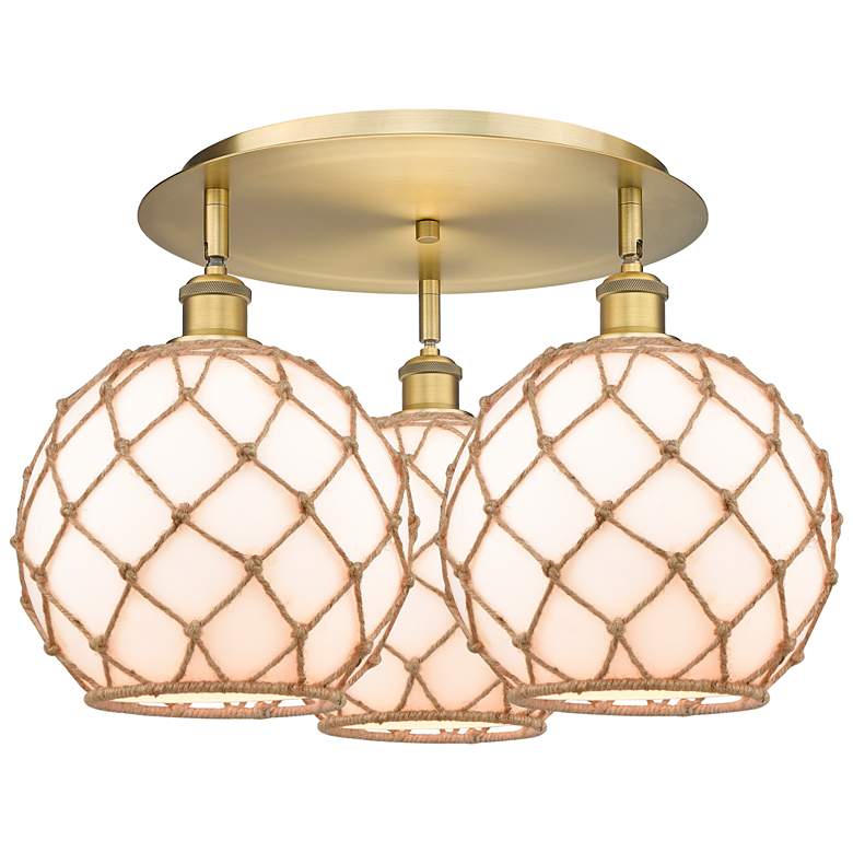 Image 1 Ballston Farmhouse 22"W 3-Lt Brushed Brass Flush Mount w/ White Brown Shade