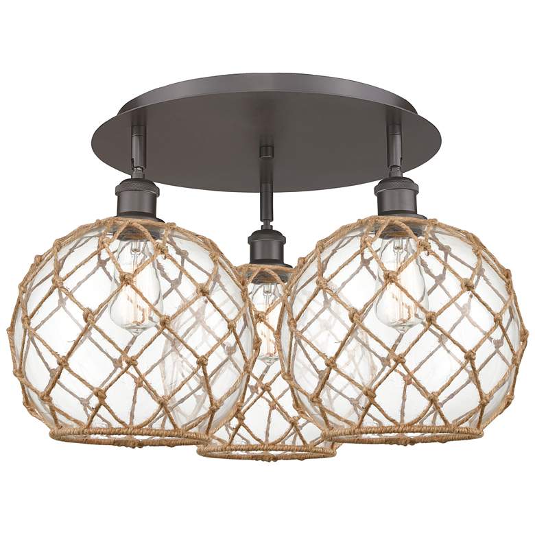 Image 1 Ballston Farmhouse 22"W 3-Lt Oiled Bronze Flush Mount w/ Clear Brown Shade