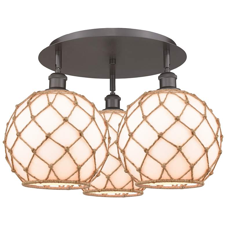 Image 1 Ballston Farmhouse 22"W 3-Lt Oiled Bronze Flush Mount w/ White Brown Shade