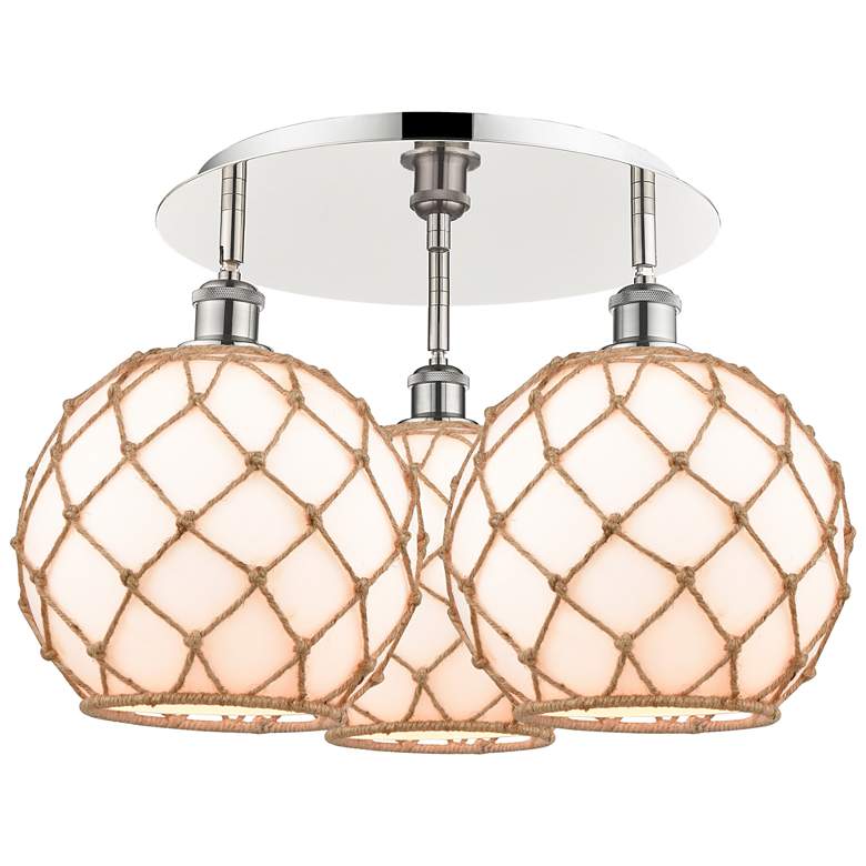 Image 1 Ballston Farmhouse 22"W 3-Lt Polish Nickel Flush Mount w/ White Brown Shade