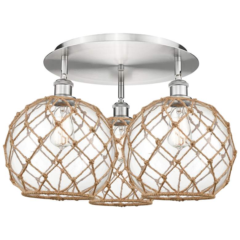 Image 1 Ballston Farmhouse 22"W 3-Lt Satin Nickel Flush Mount w/ Clear Brown Shade