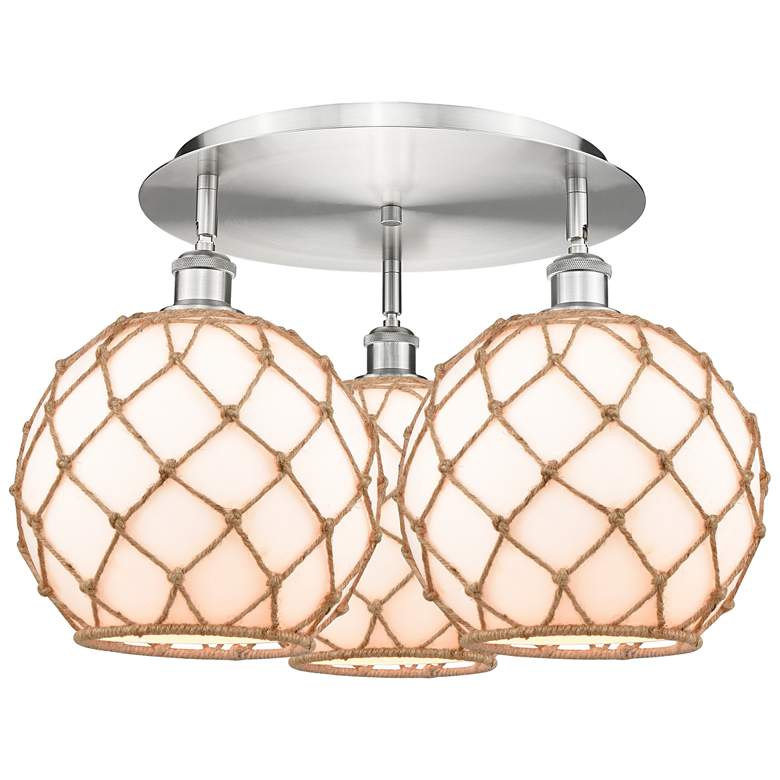 Image 1 Ballston Farmhouse 22"W 3-Lt Satin Nickel Flush Mount w/ White Brown Shade