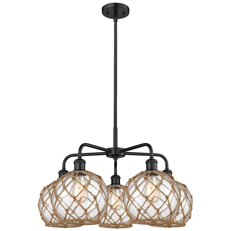 Image 1 Ballston Farmhouse 27"W 5 Light Black Stem Chandelier w/ Clear Brown Shade