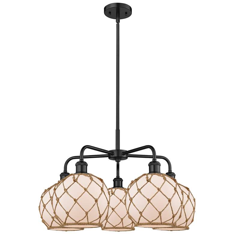 Image 1 Ballston Farmhouse 27"W 5 Light Black Stem Chandelier w/ White Brown Shade