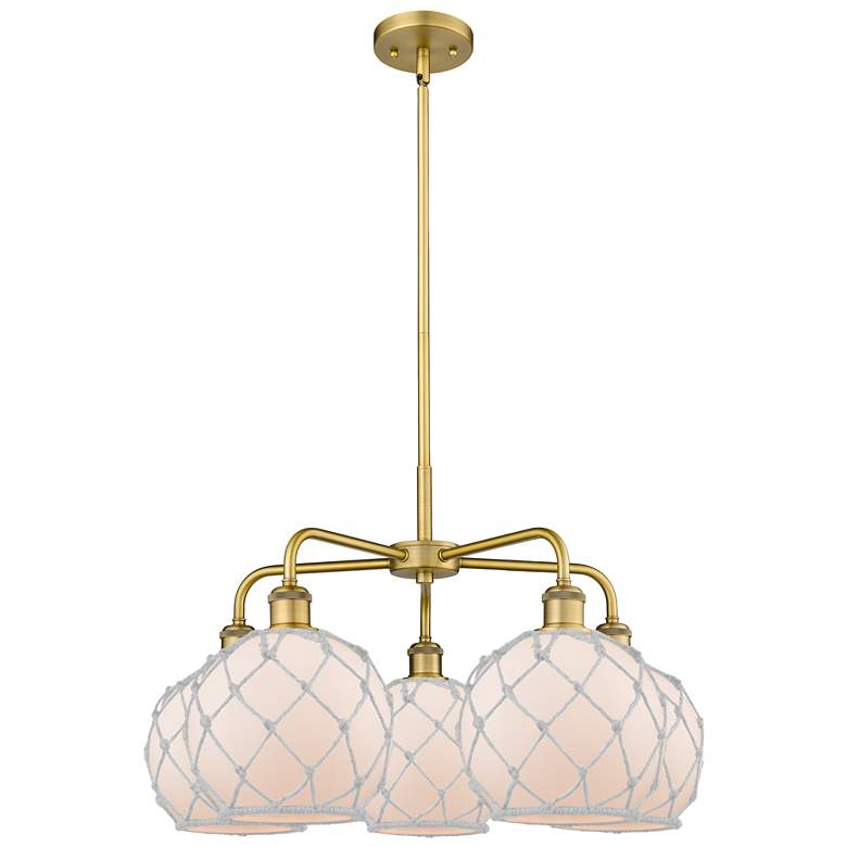 Image 1 Ballston Farmhouse 27"W 5 Light Brush Brass Stem Chandelier w/ White Shade