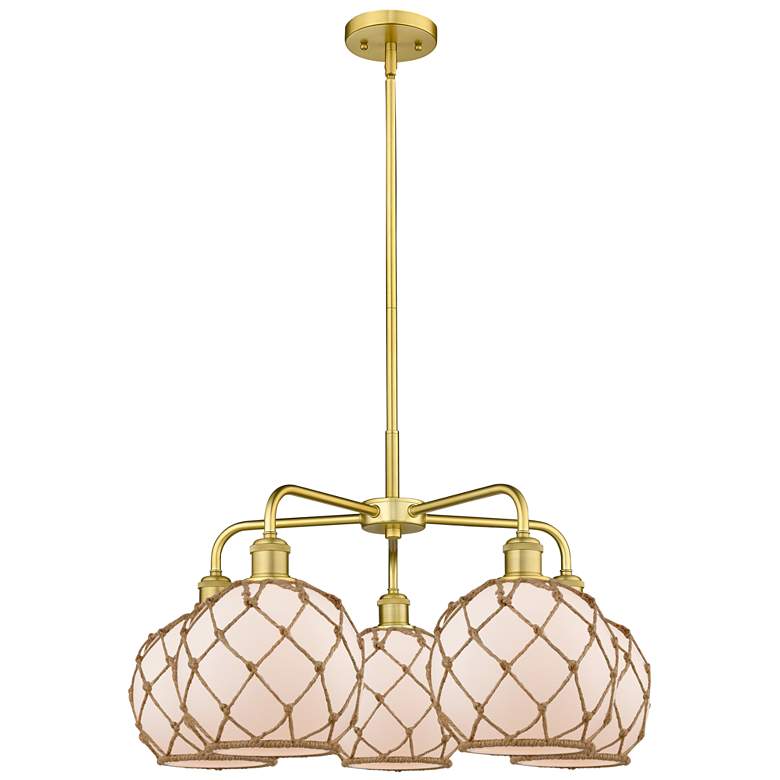 Image 1 Ballston Farmhouse 27"W 5 Light Gold Stem Chandelier w/ White Brown Shade