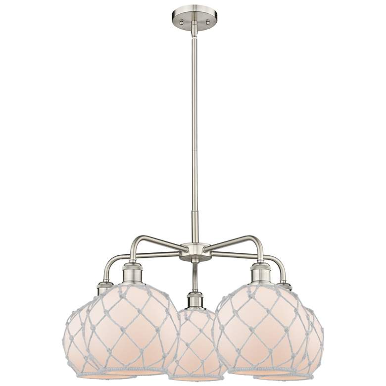 Image 1 Ballston Farmhouse 27"W 5 Light Satin Nickel Stem Chandelier w/ White Shade