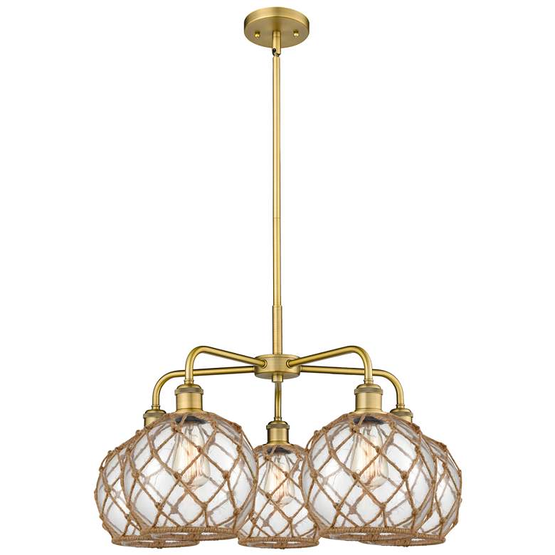 Image 1 Ballston Farmhouse 27"W 5-Lt Brush Brass Chandelier w/ Clear Brown Shade